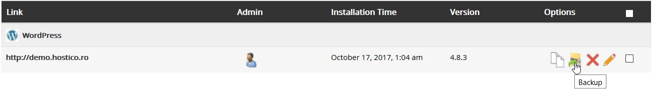 Sekcja kopii zapasowych aplikacji Softaculous