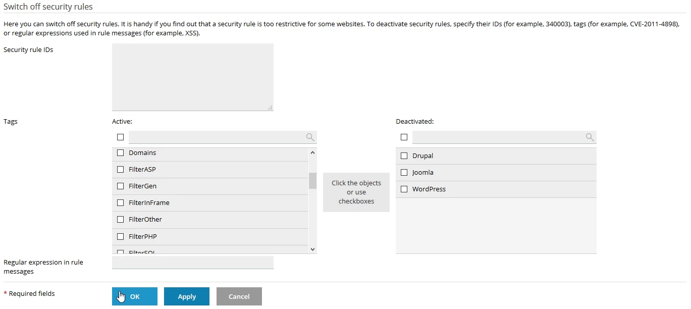 Dezactivare grup reguli firewall web Plesk