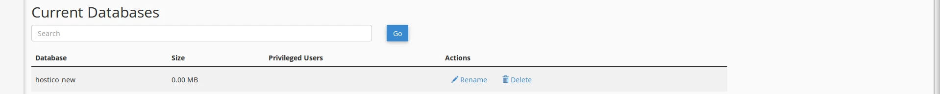 Vizualizare utilizator și baze de date cPanel