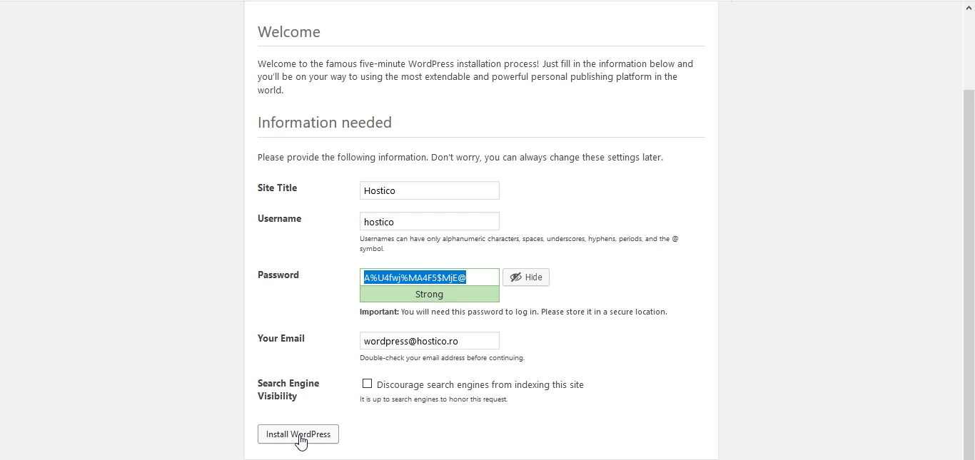 Configurare cont wordpress