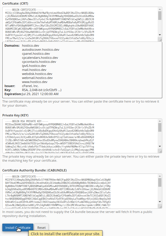 Certificat ssl cpanel