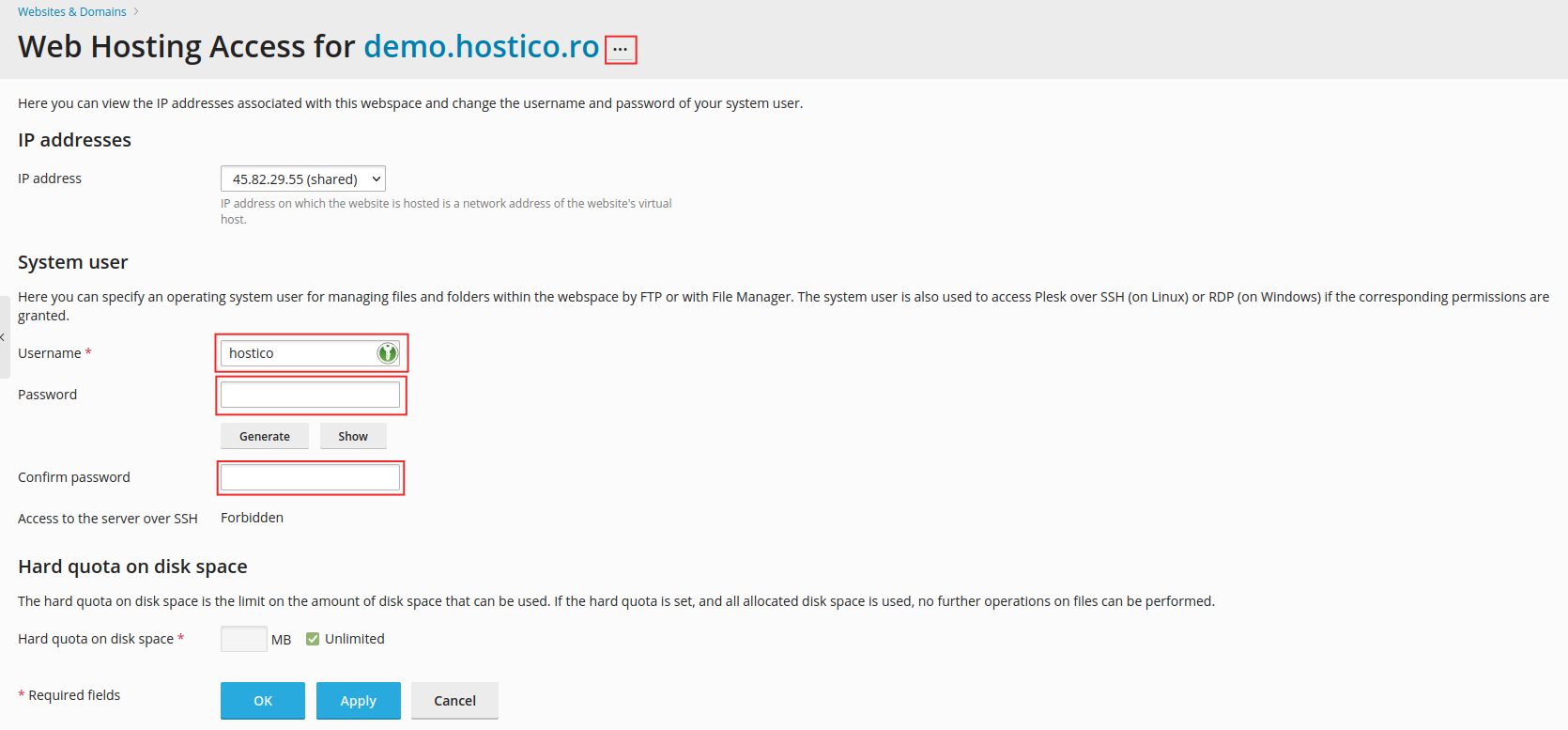 Zmień hasło użytkownika Plesk
